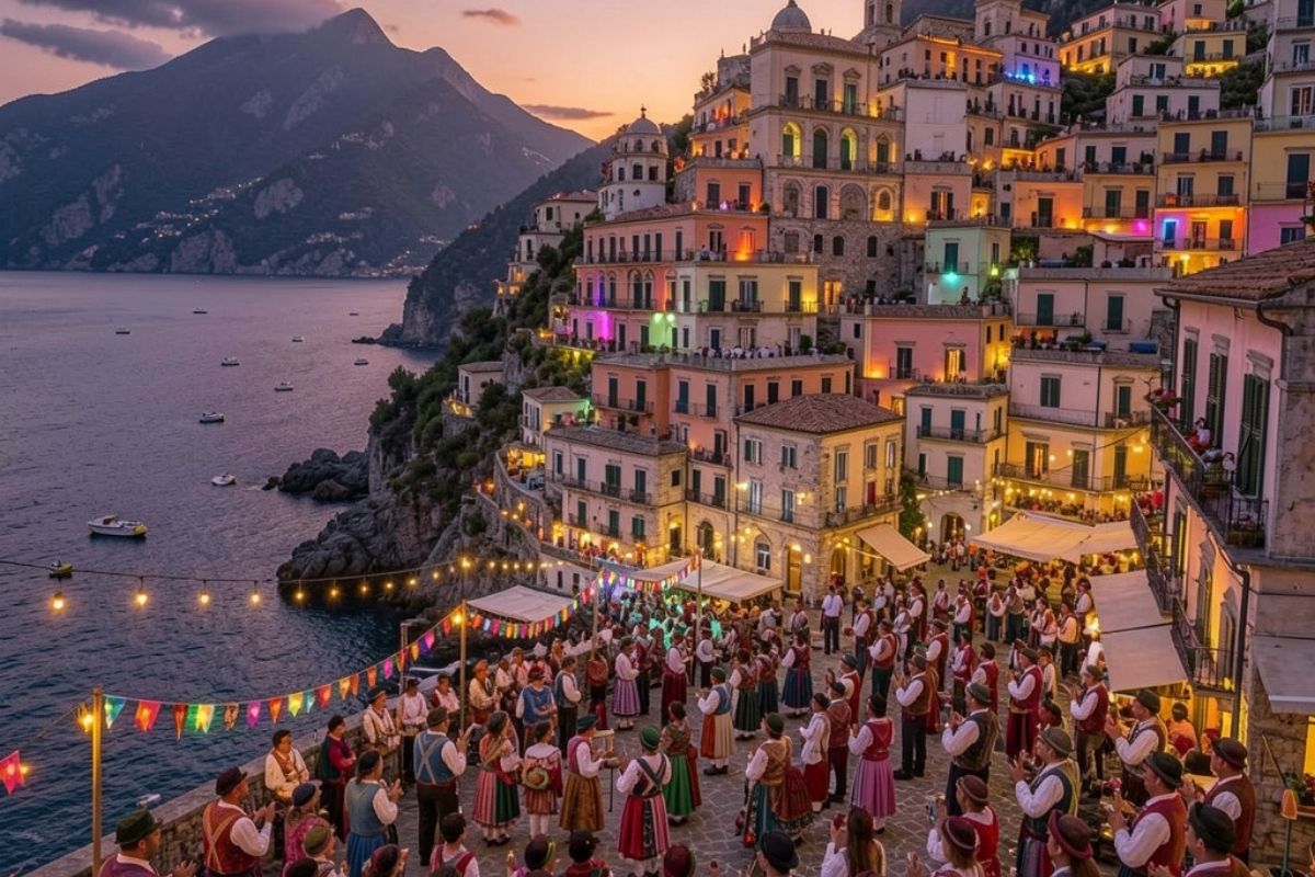 Vista panoramica di Amalfi al tramonto durante una festa tradizionale, folla di persone in abiti tipici, decorazioni luminose, mare sullo sfondo