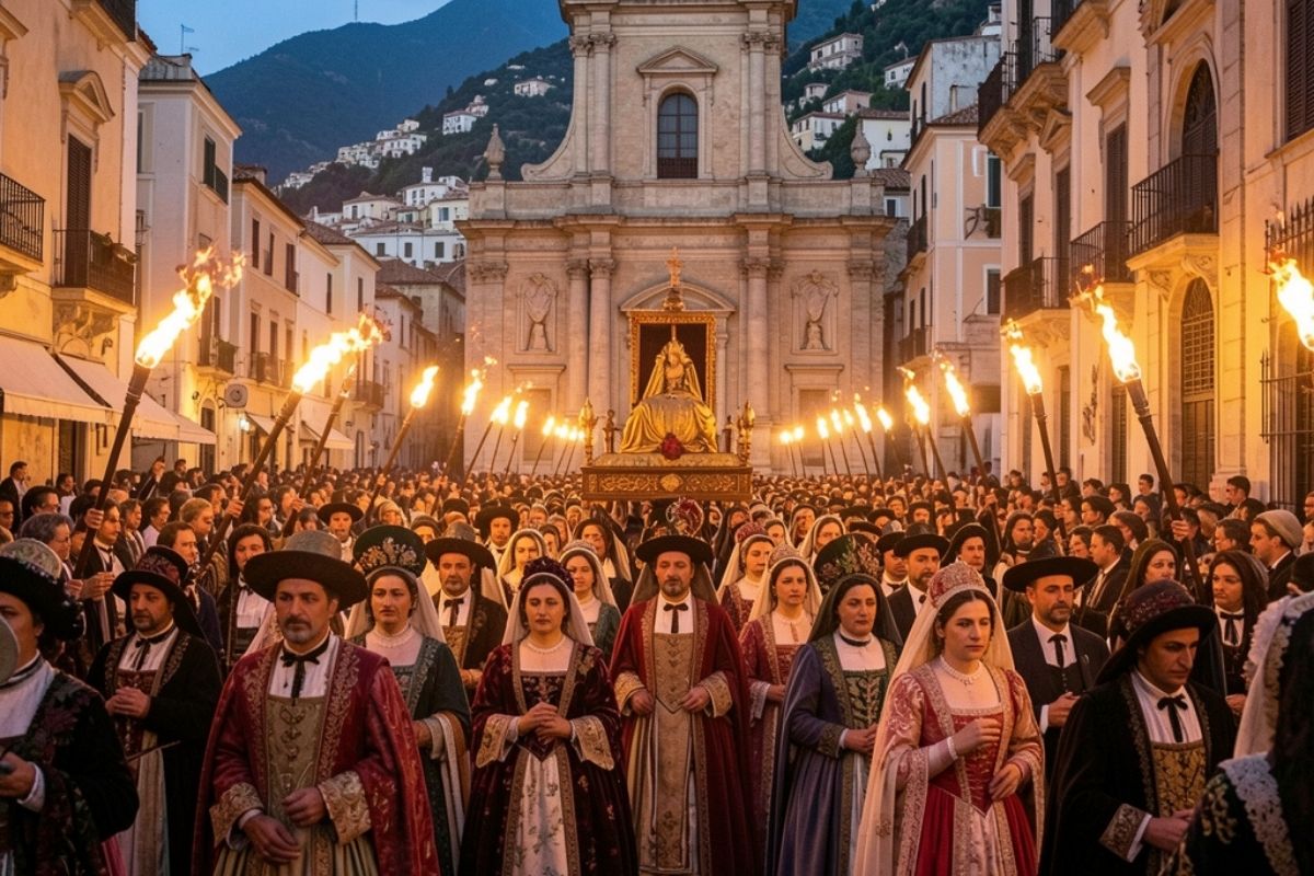 Primo piano di una processione religiosa con fedeli in costumi tradizionali, Duomo di Amalfi sullo sfondo, atmosfera serale illuminata da torce
